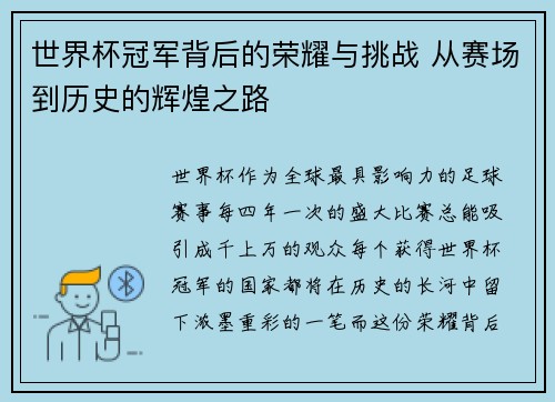 世界杯冠军背后的荣耀与挑战 从赛场到历史的辉煌之路