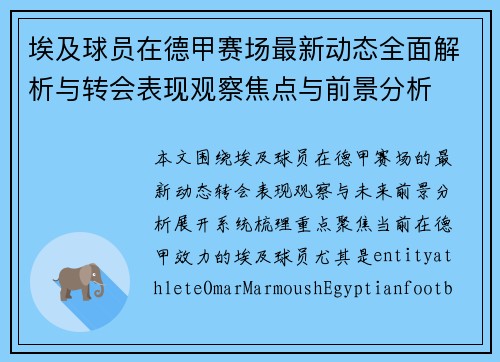 埃及球员在德甲赛场最新动态全面解析与转会表现观察焦点与前景分析 埃及球员在德甲赛场最新动态全面解析与转会表现观察焦点与前景分析